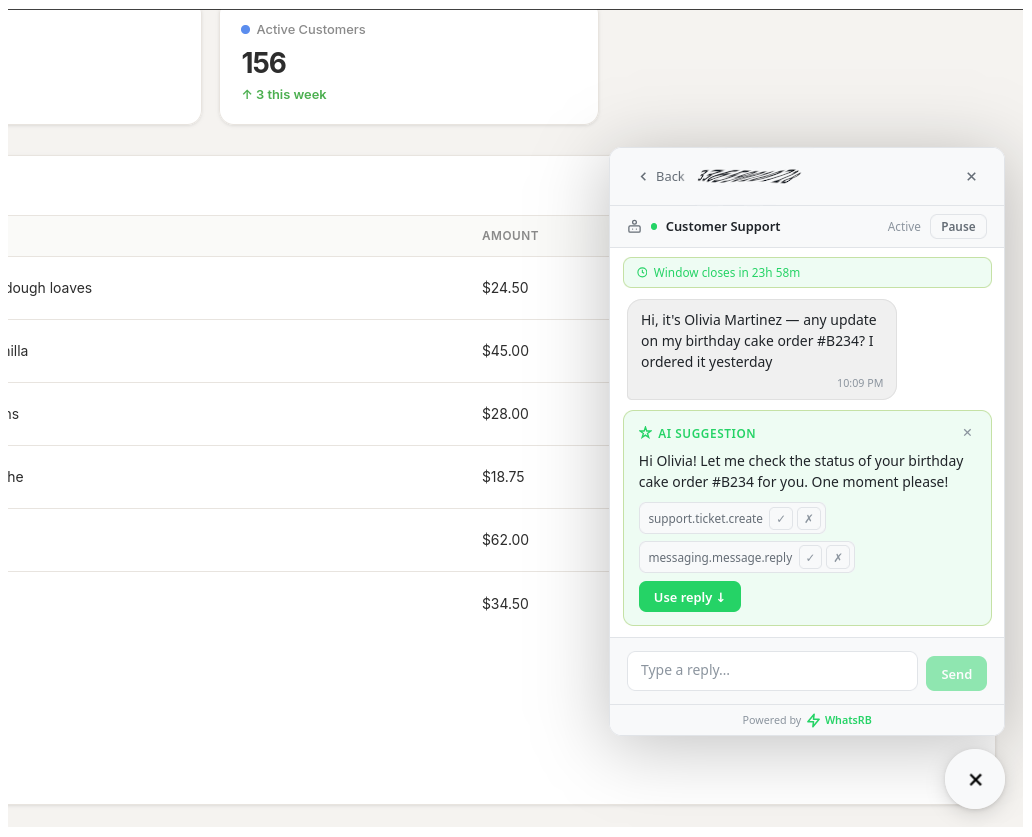 WhatsRB embed widget in a dashboard — live WhatsApp inbox with AI suggestions
